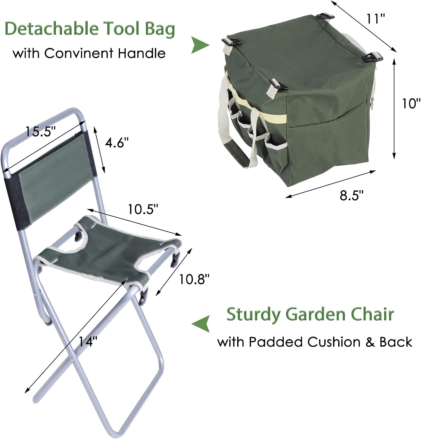 9 Pieces Garden Tools Set with Folding Chair, Stainless Steel Heavy Duty Hand Tool w/Organizer Tote Bag, Wooden Handle & Gloves - Gardening Gifts for Men Women