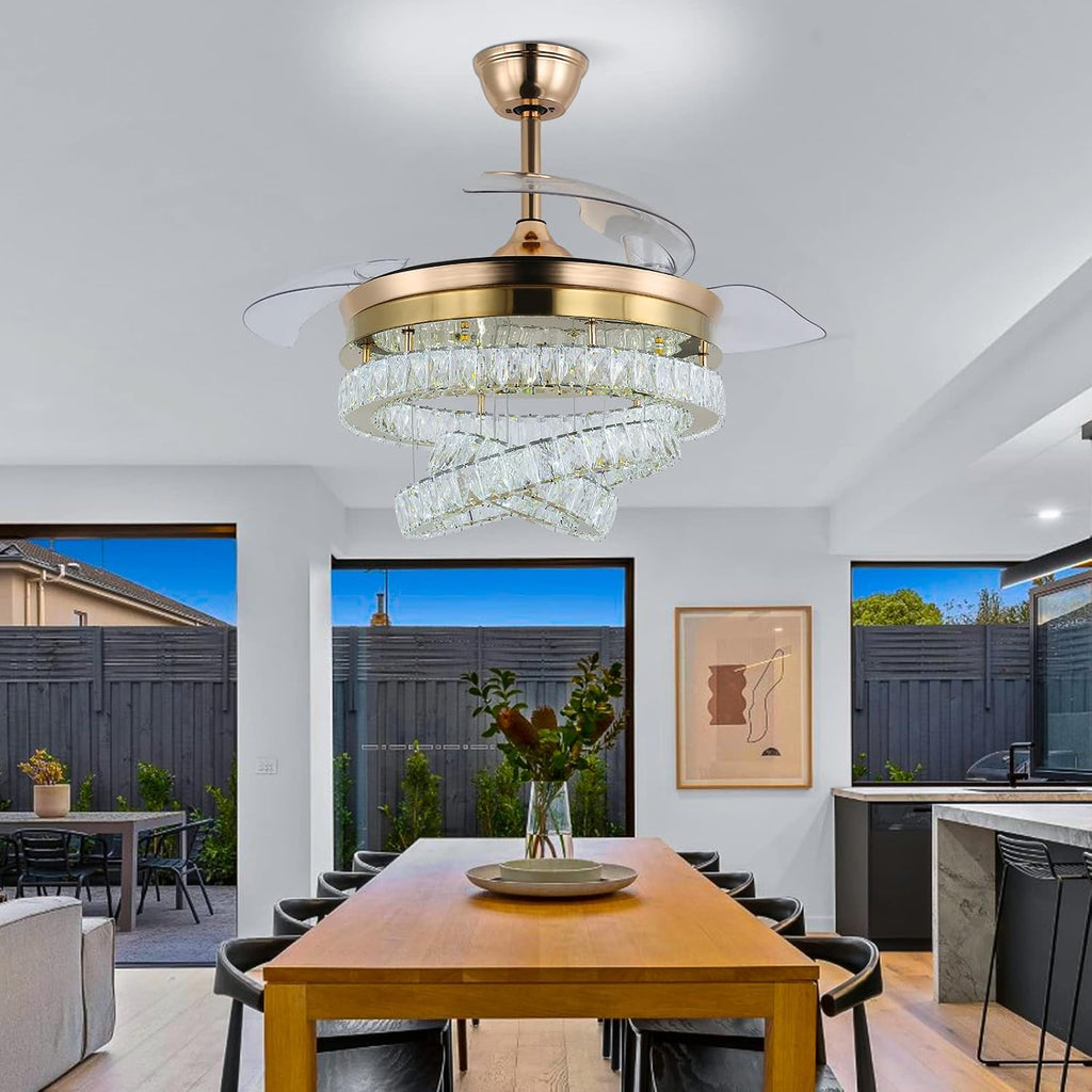42' Gold LED Fandeliers with Lights Dimmable Crystal Ceiling Fan with Lights Individual 3 LED Color Change with Timi Memory Function