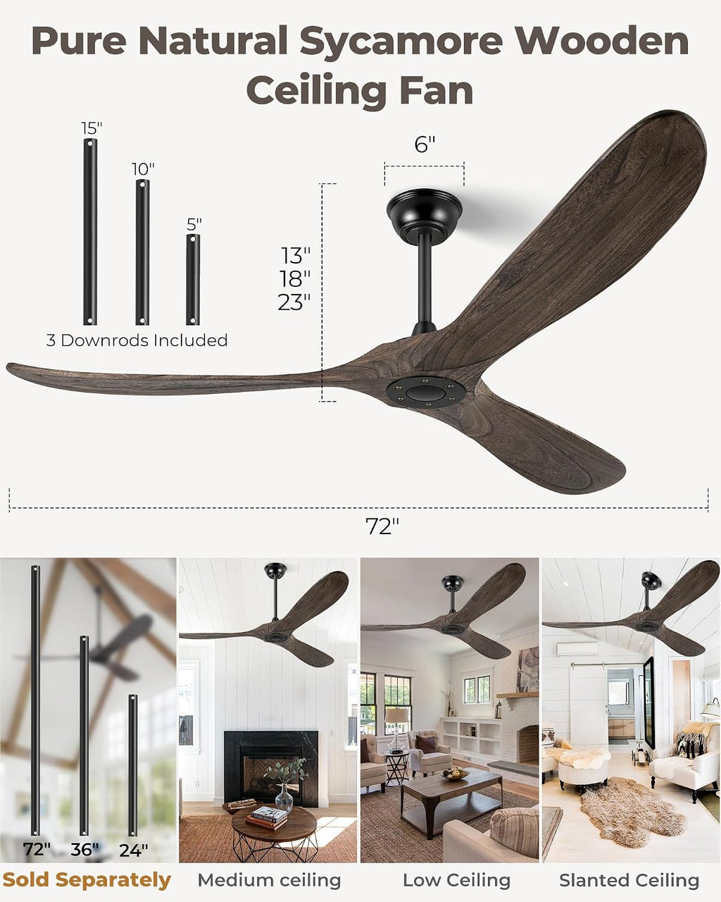 72' Ceiling Fans Without Lights, Solid Wood Ceiling Fan with Remote Control and Quiet DC Motor, Ceiling Fan no Light 3 Blades, Indoor Outdoor Fans for Patios, Bedroom- Deep Brown