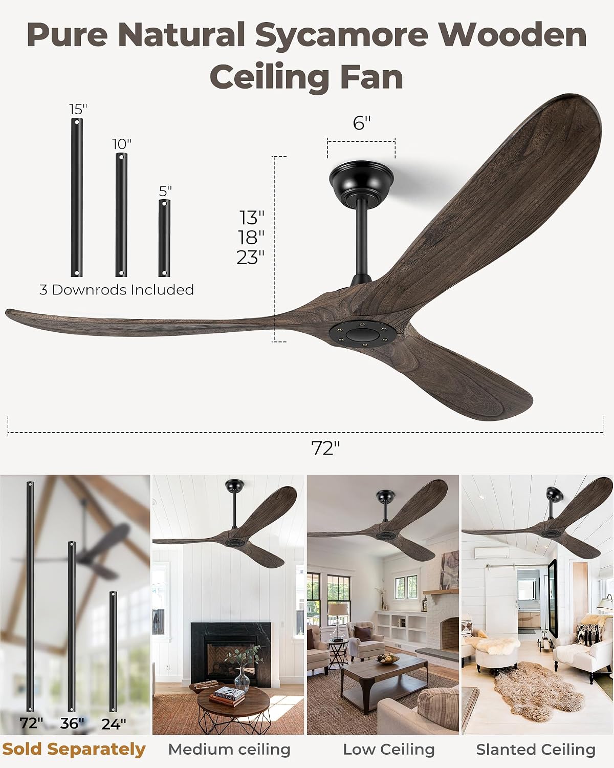 72' Ceiling Fans Without Lights, Solid Wood Ceiling Fan with Remote Control and Quiet DC Motor, Ceiling Fan no Light 3 Blades, Indoor Outdoor Fans for Patios, Bedroom- Deep Brown