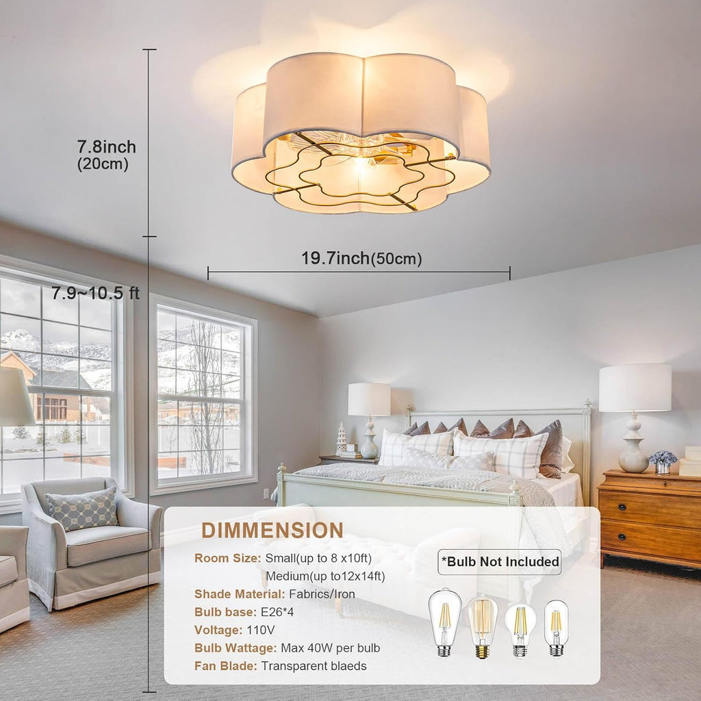 Caged Ceiling Fan with Lights, Flush Mount 20' Boho Ceiling Fans with Lights Remote Control, Low Profile Fabric Bladeless with 6 Speeds for Bedroom, Nursery, Kitchen