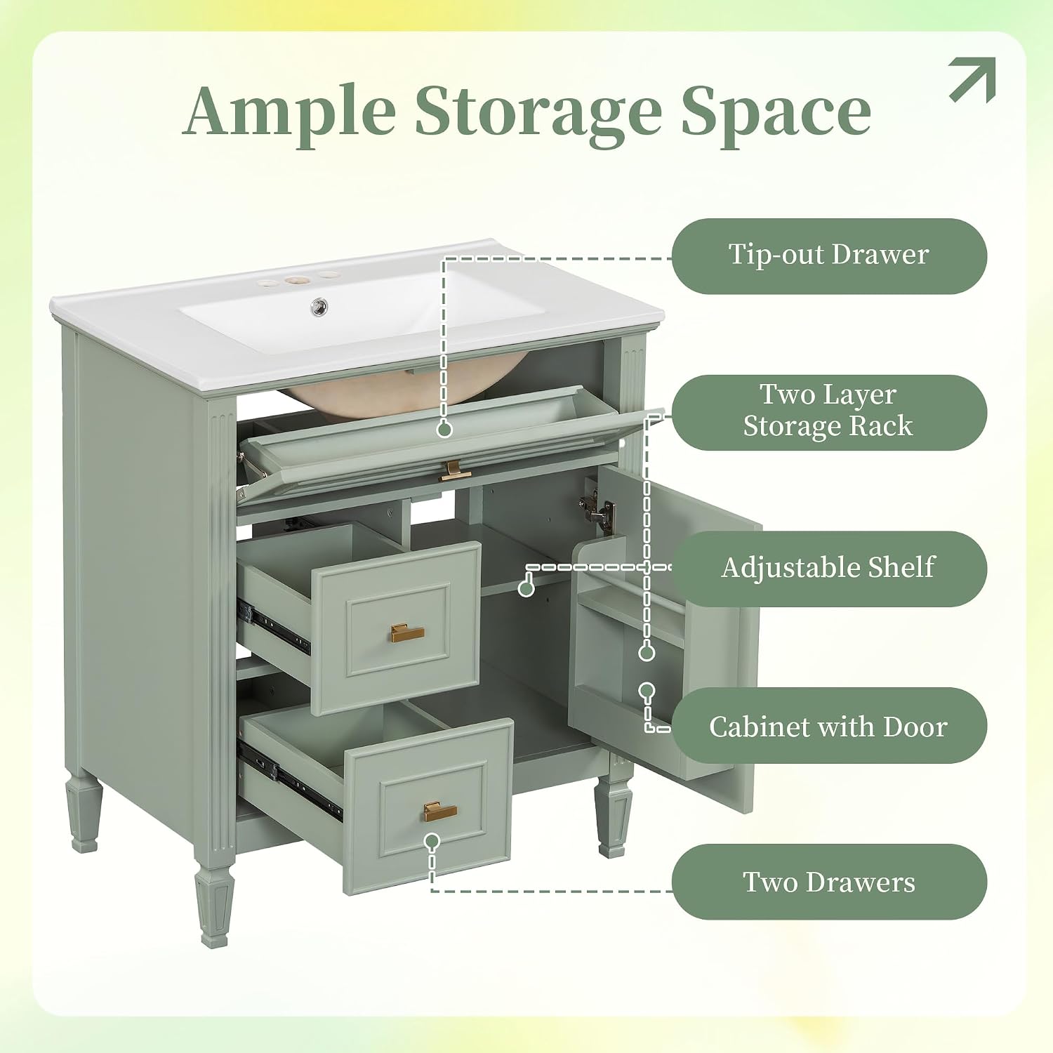 30' Bathroom Vanity with Ceramic Sink Top, Tip-Out Drawer and Two Left Side Drawers, Adjustable Shelf, Solid Wood Legs, Soft-Closing Door and Rack Shelf, Green
