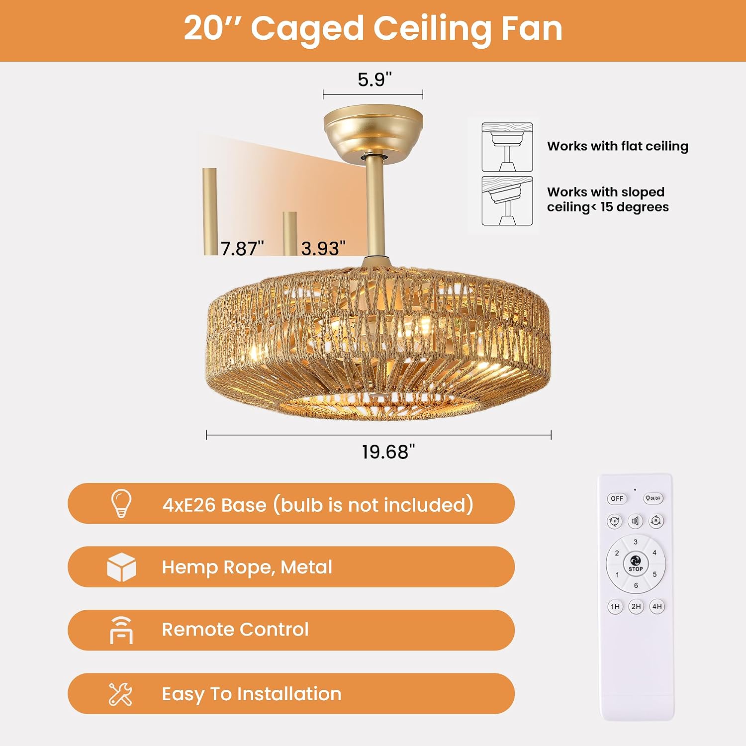 20 inch Boho Ceiling Fan with Light, 6 Speeds, Remote Control, Timer Function, Bladeless Design, Gold