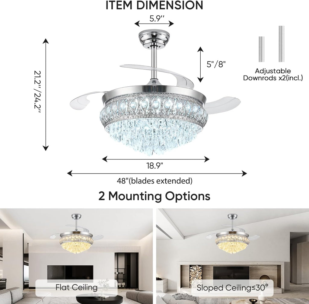 48' Fandelier Ceiling Fan with Light, Crystal Retractable Ceiling Fan with Lights and Remote, Chandelier Fans for Bedroom Living Room, Reversible DC Motor, Dimmable, 6 Speeds - Chrome