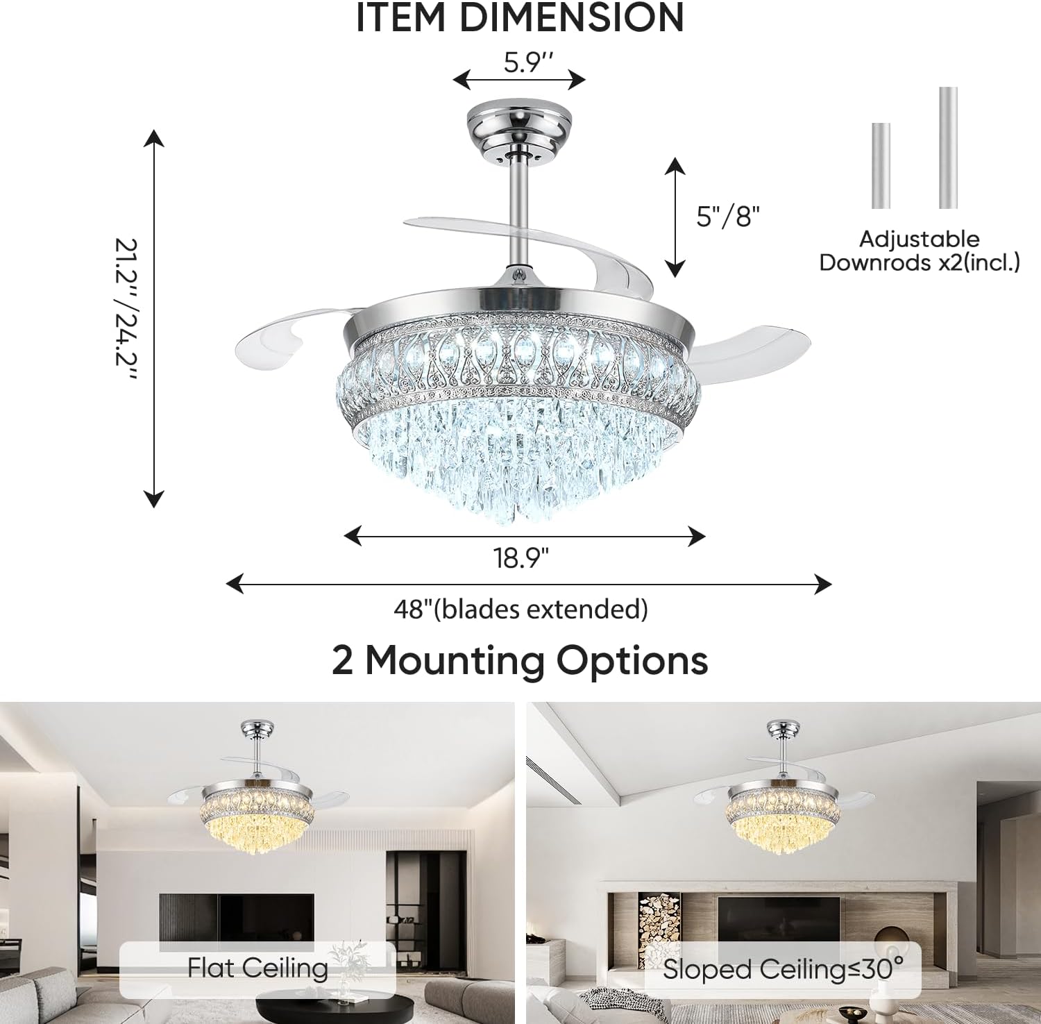 48' Fandelier Ceiling Fan with Light, Crystal Retractable Ceiling Fan with Lights and Remote, Chandelier Fans for Bedroom Living Room, Reversible DC Motor, Dimmable, 6 Speeds - Chrome