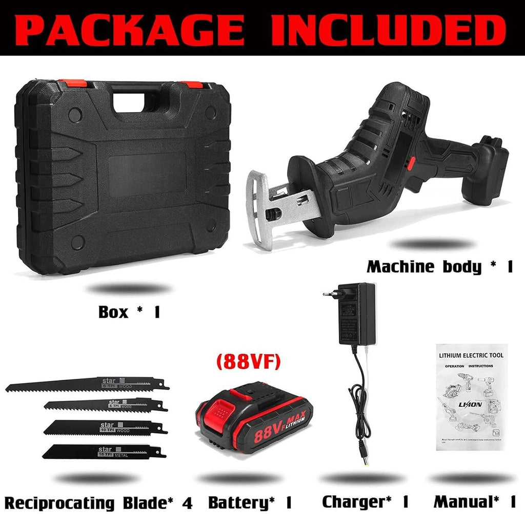 3000RPM/Min Cordless Electric Reciprocating Saw Portable Metal Wood Cutting Machine Tool Variable Speed 2Pcs Battery,DIY Tools(1 Battery)