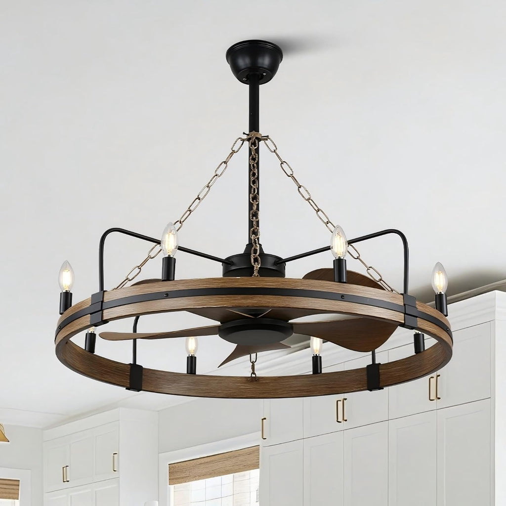 36 Inch Wagon Wheel Chandelier Ceiling Fan with Lights and Remote, Rustic Ceiling Fan Light Farmhouse Fandelier for Bedroom Living Room Dining Room, 8 E12 Bulbs, Reversible DC Motor 6 Speeds
