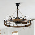 36 Inch Wagon Wheel Chandelier Ceiling Fan with Lights and Remote, Rustic Ceiling Fan Light Farmhouse Fandelier for Bedroom Living Room Dining Room, 8 E12 Bulbs, Reversible DC Motor 6 Speeds