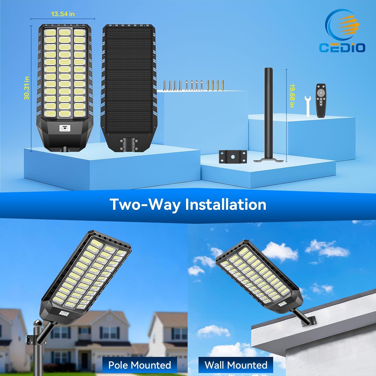 CEDIO 12000W Commercial Grade Solar Street Light, IP67 Waterproof Heavy Duty LED Flood Light with Remote & Motion Sensor, Dusk to Dawn Security Light for Parking Lot, Farm, Property, Yard