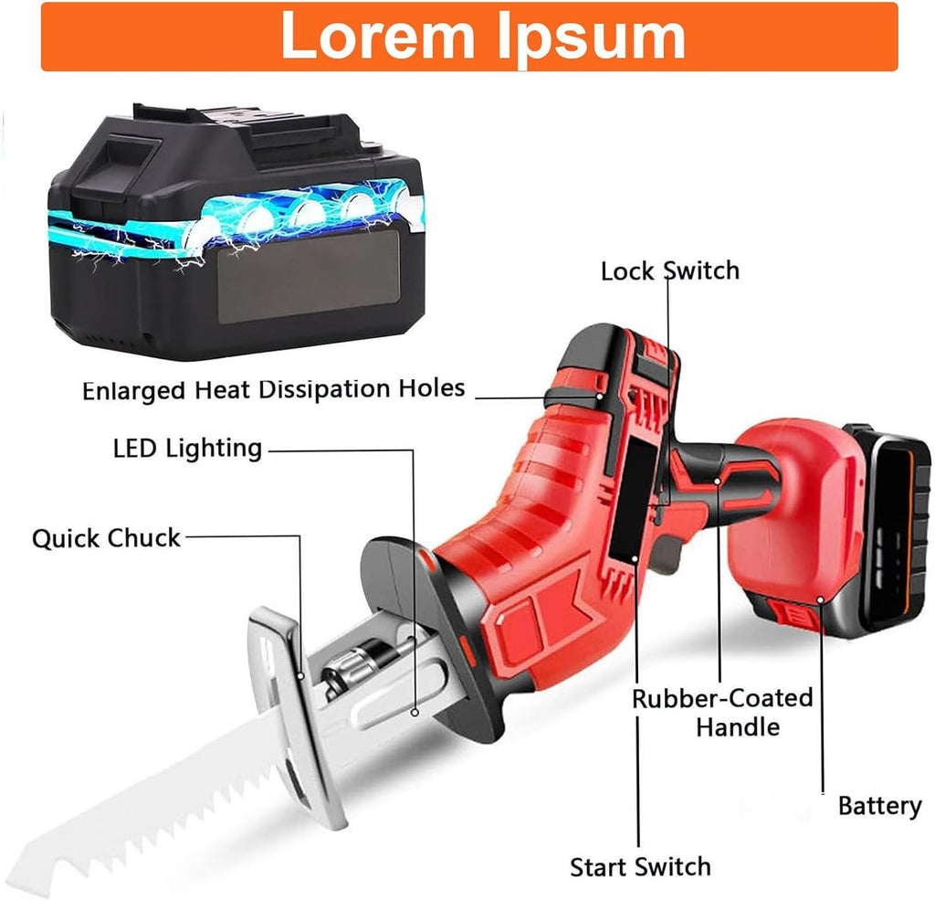 Electric Reciprocating Saw, Cordless Saw with 6replaceable Saw Blades,1pairs Gloves,Handheld,Lightweight Body,Led Auxiliary Lighting,for Wood,Metal Cutting&Meat Bone,2batteries