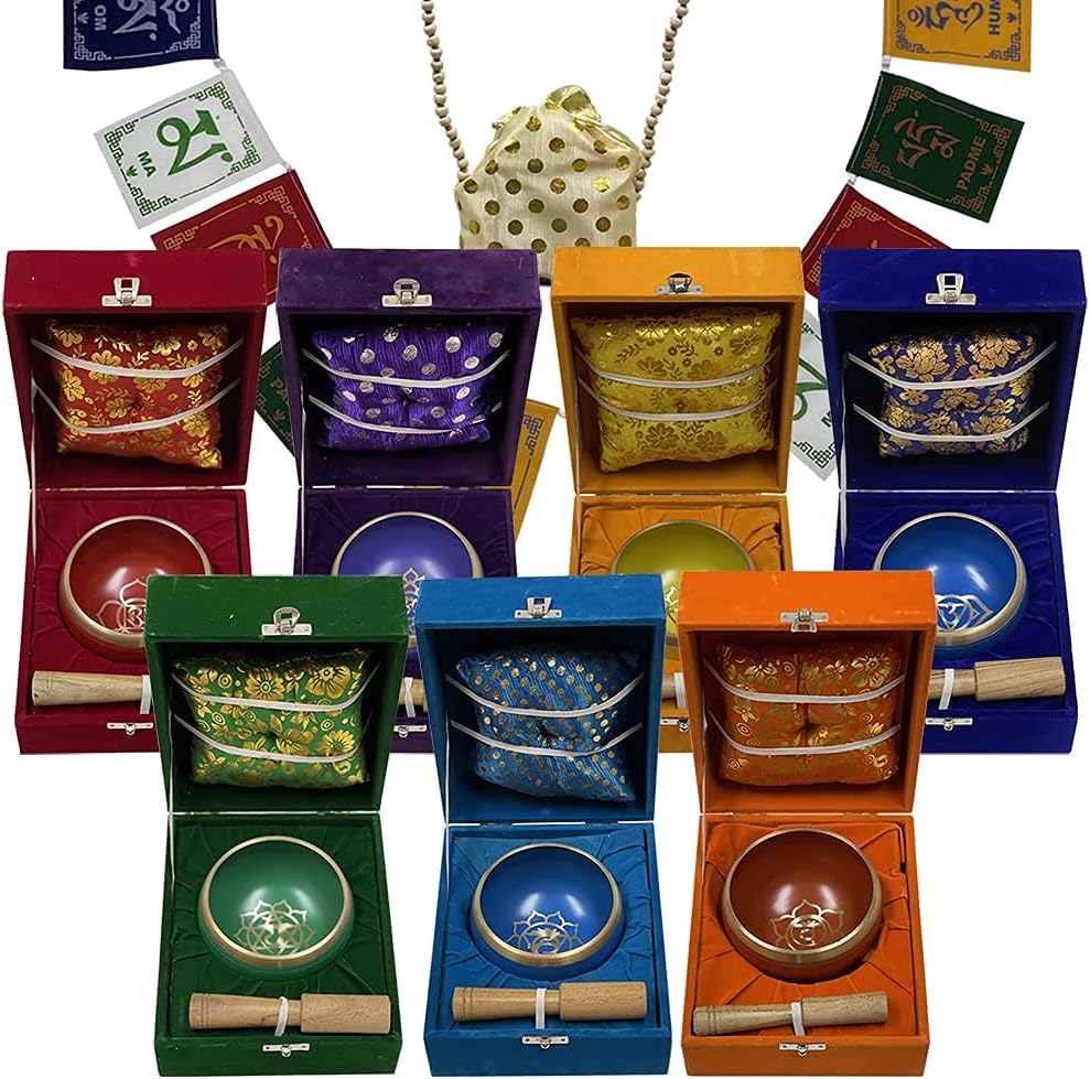 Chakra Singing Bowls Set Cuencos Tibetanos With Cushion Mallet Tulsi Beads Mala Tibetan Prayer Flag For Meditation Mindfulness - Style2 Size Medium