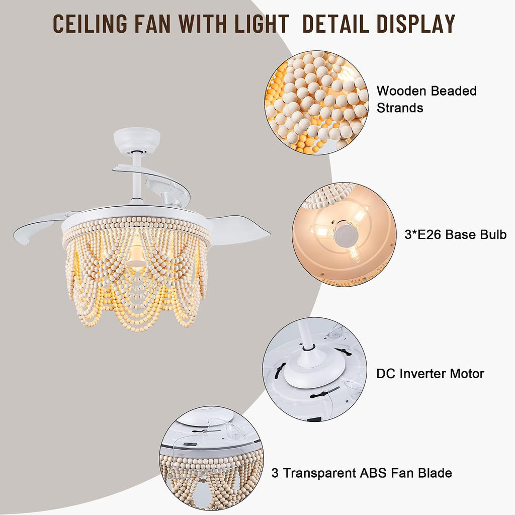 42'' Retractable Ceiling Fans with Lights and Remote,Bohemian Ceiling Fans with Wooden Beads,E26 Metal Bulb Base,6 Speeds Reversible Bladeless Ceiling Fan for Bedroom Living Room Kitchen