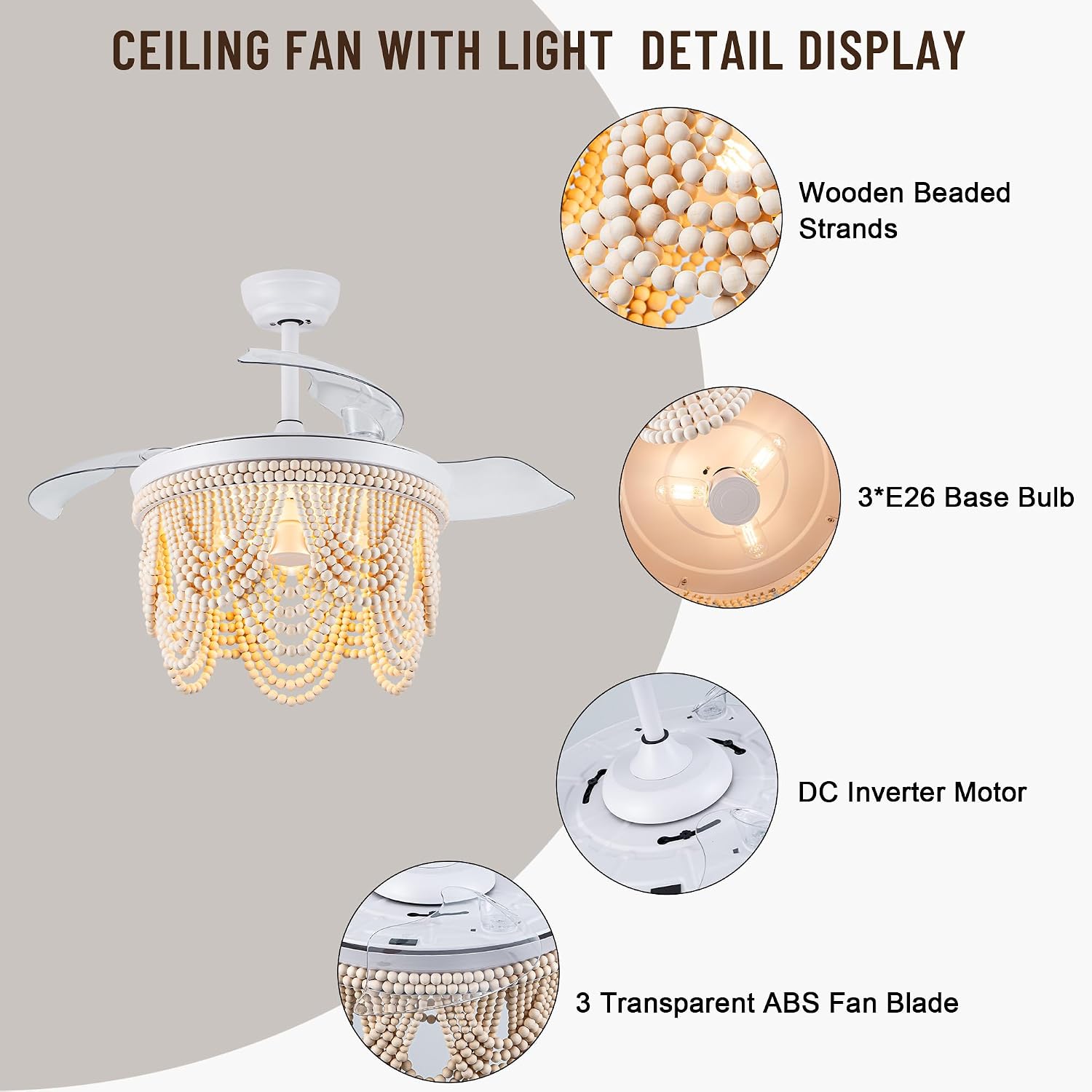 42'' Retractable Ceiling Fans with Lights and Remote,Bohemian Ceiling Fans with Wooden Beads,E26 Metal Bulb Base,6 Speeds Reversible Bladeless Ceiling Fan for Bedroom Living Room Kitchen