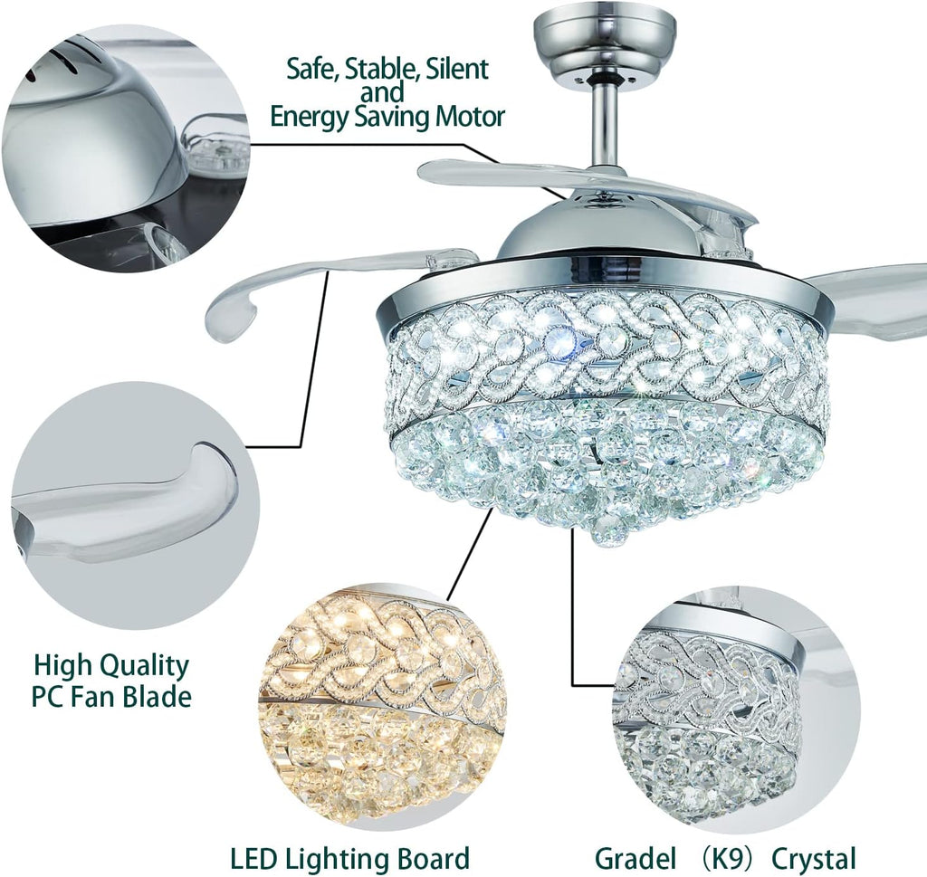 DuMaiWay 48' Chandelier Ceiling Fan, Modern Crystal Fandelier Retractable Invisible Blade LED Lighting with Remote Control for Bedroom Dining Room Living Room 3 Light Change Silver
