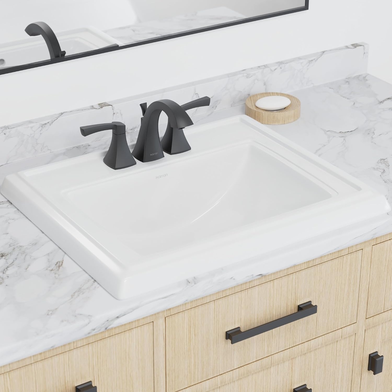 Karran Valera Top-Mount Bathroom Sink – Deep Rectangular Vitreous China Drop-In Vanity Basin in White with Overflow – VC-208-WH