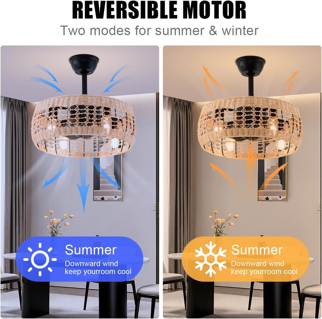 18.2' Rattan Ceiling Fan with Lights 4-Light Boho Caged Ceiling Fandelier with Light Reversible Brown Wicker Flush Mount Fan Pendant Light Remote for Bedroom Kitchen Dining/Living Room Hallway