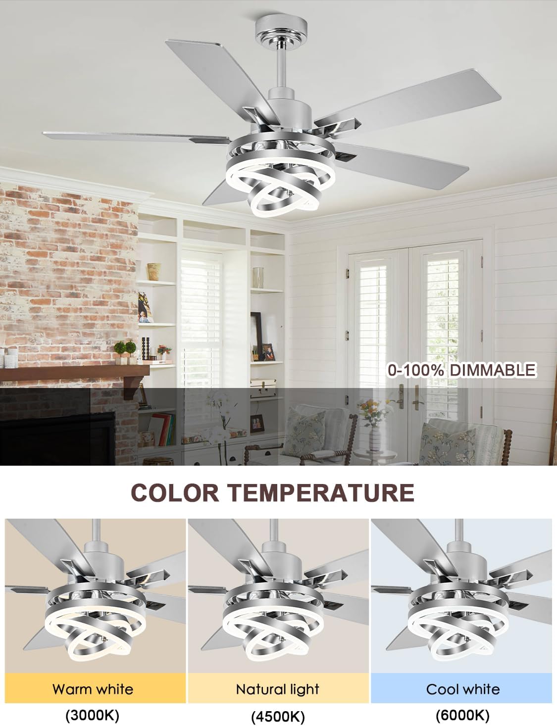 52' Ceiling Fan with Lights and Remote Contro Modern Chandelier Ceiling Fan with Lights 6 Speed 3 Timing for Bedroom Living Room Kitchen（Chrome）