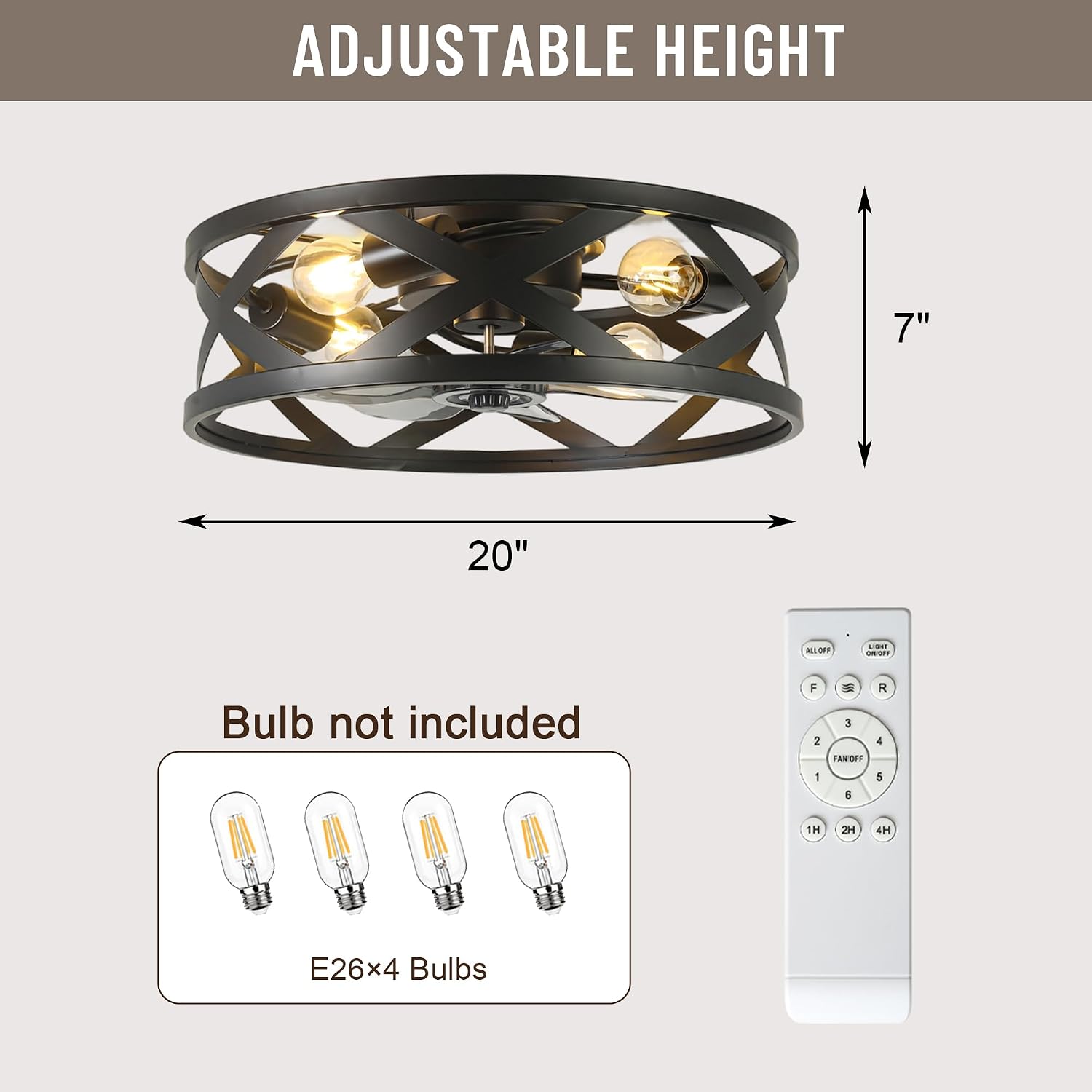 20'' Caged Ceiling Fan with Light,6 Speed Reversible DC Motor,4 E26 Bulb Base,1/2/4H Timer,Industrial Flush Mount Low Profile Ceiling Fan with Remote Control for Bedroom Living Room