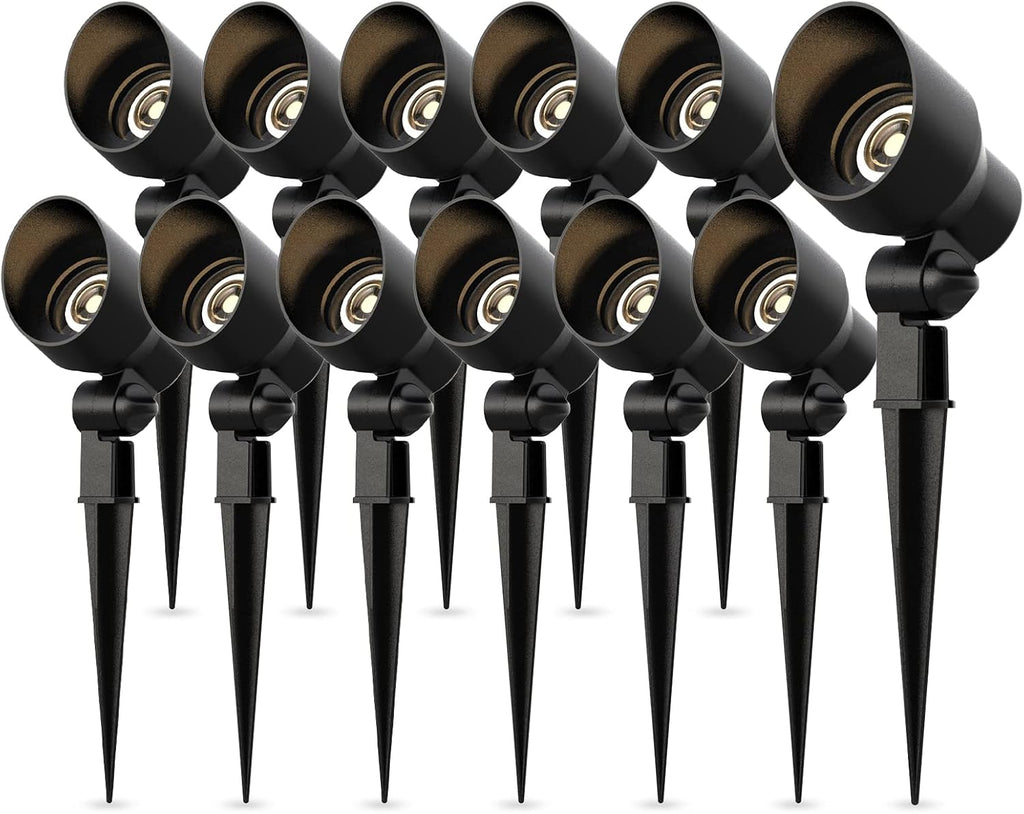 Low Voltage Landscape Spotlights 20W Halogen Spot Lights 12V AC 12PK Outdoor Black Landscape Lighting Kit with Spike Stakes and Connectors 145 Lumen for Garden Lawn