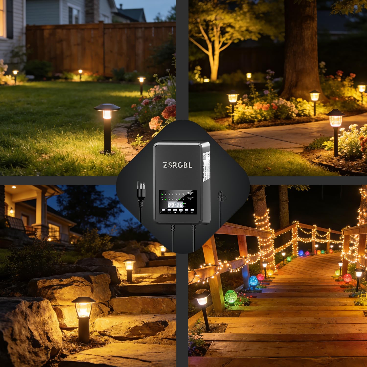 600W Low Voltage Transformer with 2 Zone Independent Control 120V AC to 12/14V AC Outdoor Weatherproof Landscape Lighting Transformer with Photocell Sensor and Timer for Spotlights, ETL Listed
