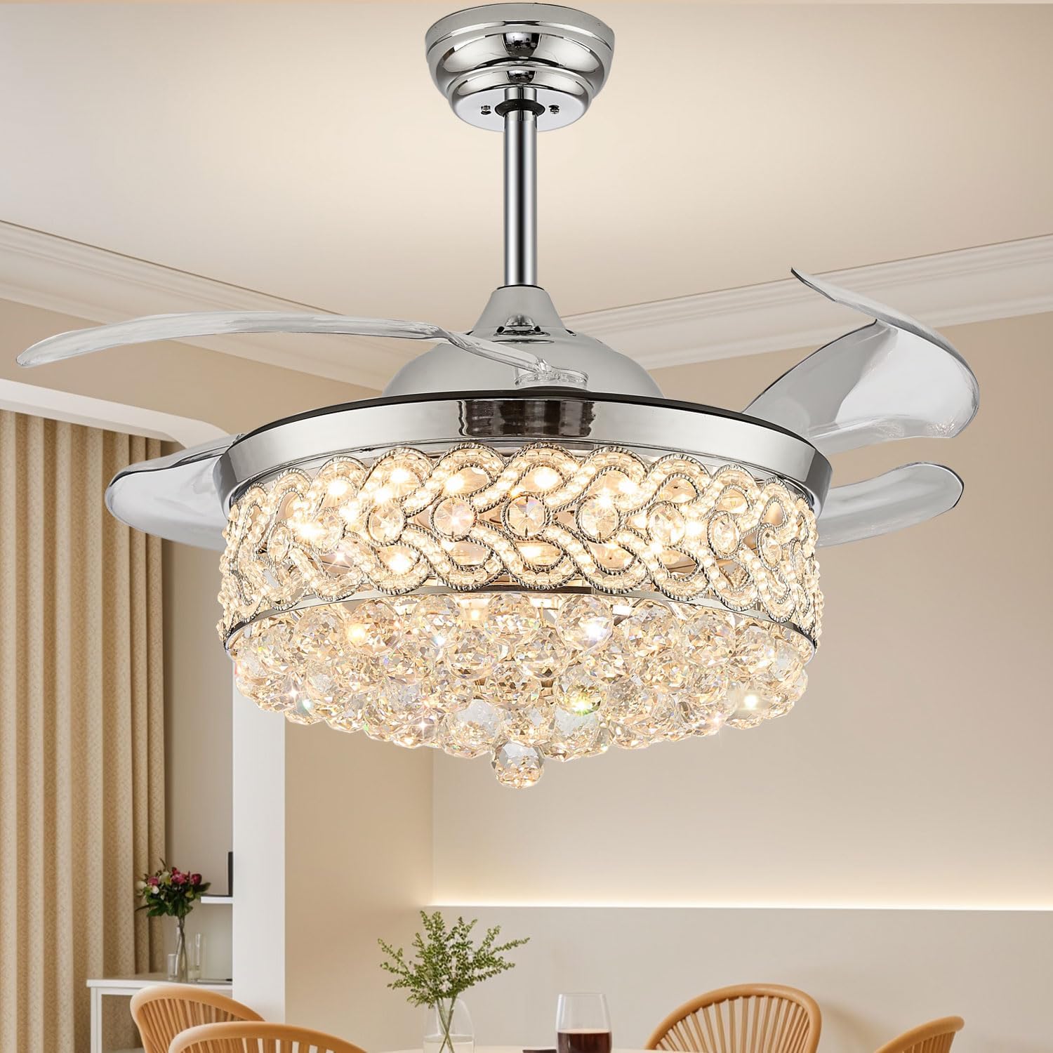 DuMaiWay 48' Chandelier Ceiling Fan, Modern Crystal Fandelier Retractable Invisible Blade LED Lighting with Remote Control for Bedroom Dining Room Living Room 3 Light Change Silver