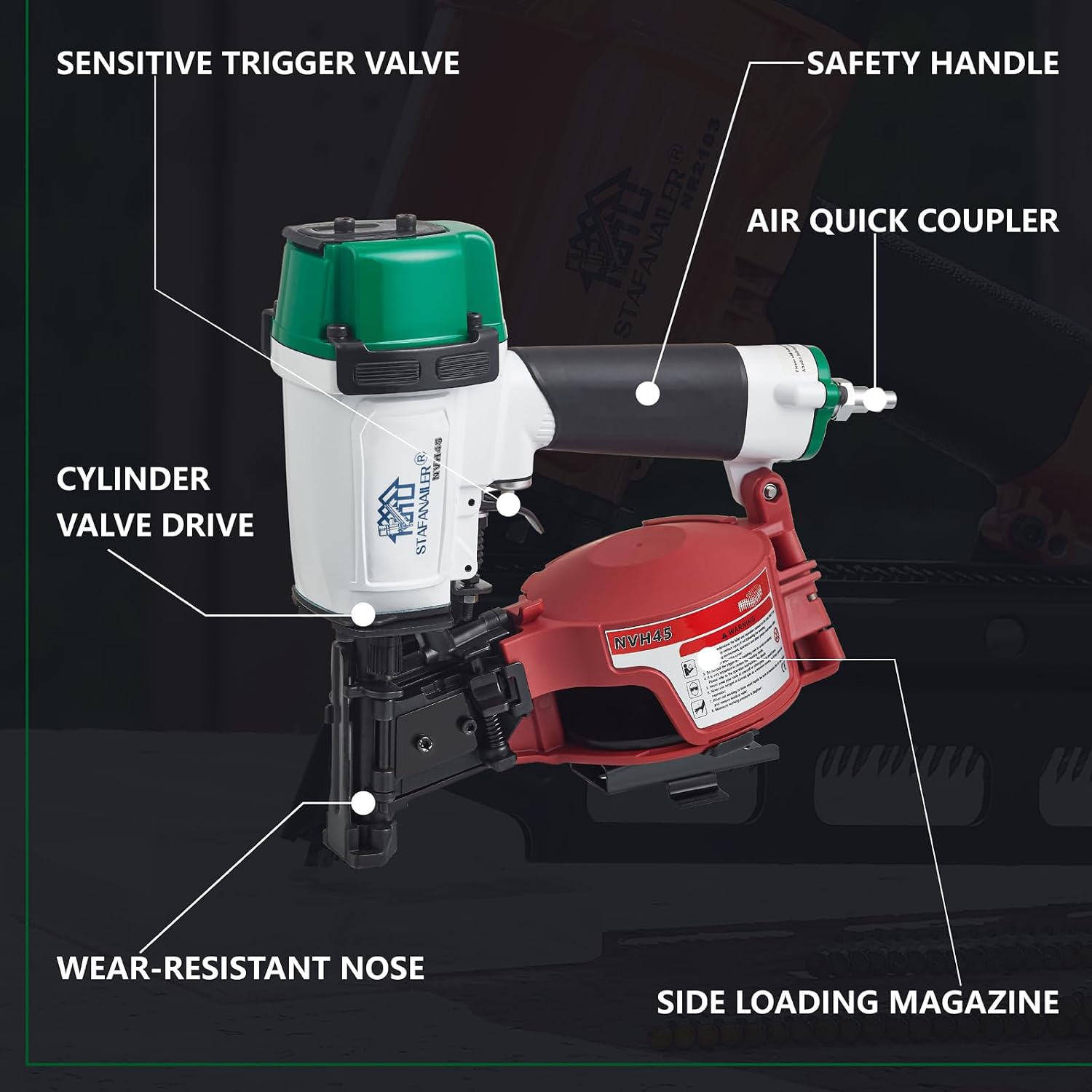 NVH45 Roofing Nail Gun, 15 Degree Pneumatic Pistolas Para Roofing, 7/8' to 1-3/4' Nails Compatibility, 3/8 NPT Air Connector, 120-Pcs Load Capacity for Roofing Constructions(Wht-Grn Ver)