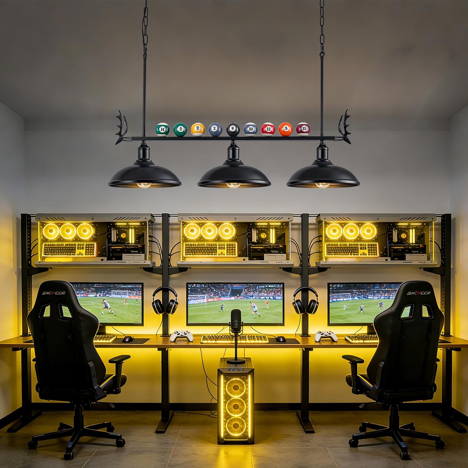 Billiard Lighting Hanging Restaurant Pendant: Pool Table Light for 7'-8' Table,3 Light Modern with Black Metal Shade Pendant Lighting Fixture for Billiards Room,Game Room,Kitchen Island (38 inch)