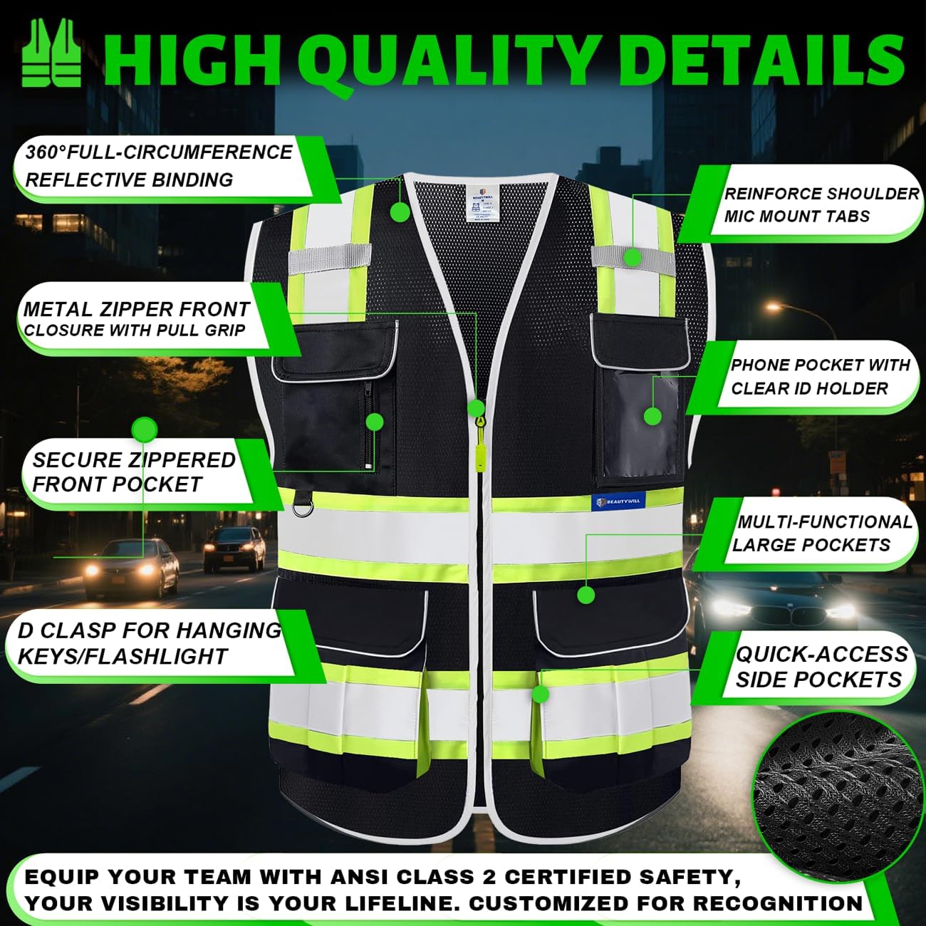 BeautyWill 5 Pack Safety Vest Class2 ANSI Certified Custom Logo High Visibility Reflective Vest for Men -10 Pockets Personalized Logo Heavy-Duty Work Vest（Mesh Black，L）