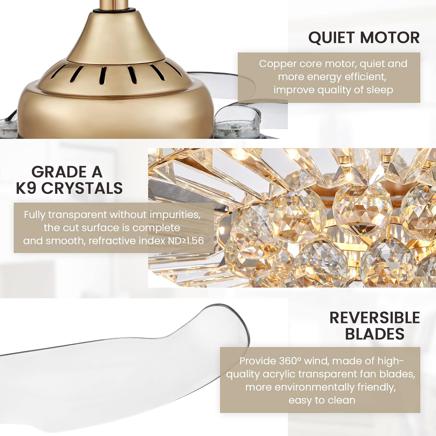36'' Fandelier Ceiling Fans with Light, Chandelier Gold Ceiling Fan, Retractable Crystal Ceiling Fan for Bedroom, Living Room, 3 Color Change, LED Dimmable, 6 Speeds, Reversible DC Motor