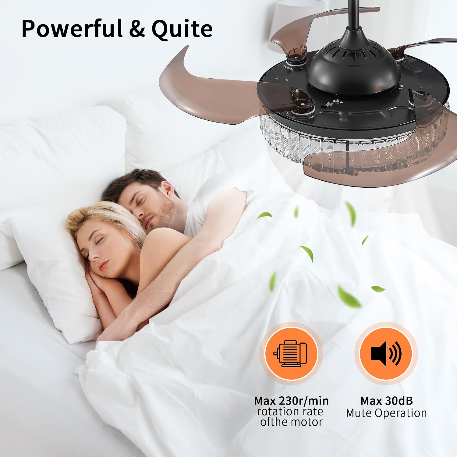 48 Inch Invisible Crystal Chandelier Fan with Remote Control, Modern Retractable Ceiling Fan Light, Black Fandelier for Bedroom, Living Room, Home Decor