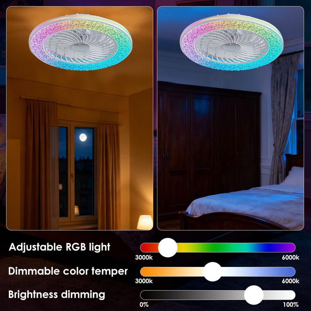24 Inch Led Enclosed Ceiling Fans with Lights, Rgb Bladeless Modern Ceiling Fan Low Profile for Living Room (24 Inch)