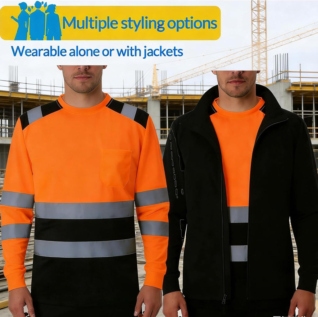 BeautyWill Custom Logo High Visibility Safety Shirts, ANSI Class 3 Reflective Work Shirts Long Sleeve Crewneck T-Shirt