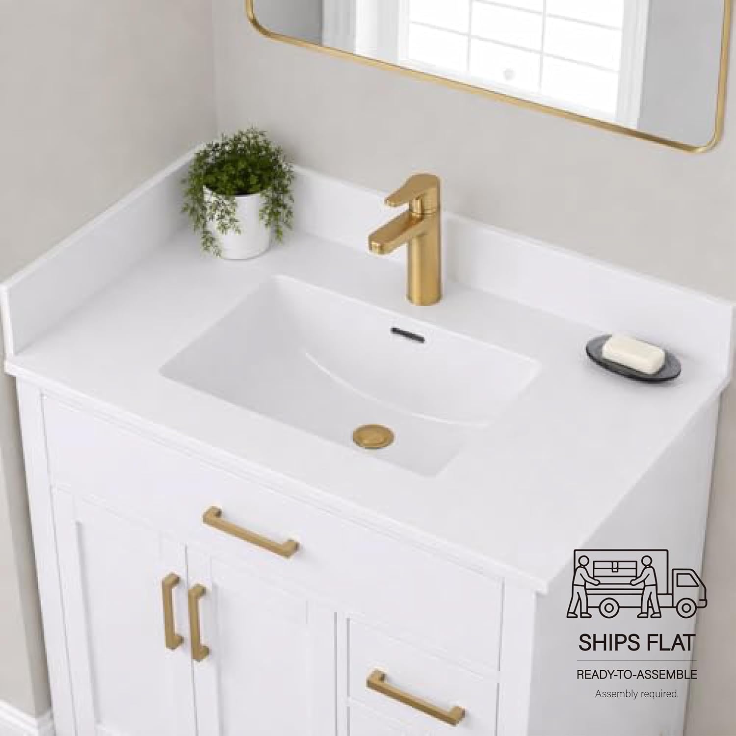 25'/31'/37' Solid Surface Polyurethane Resin Streamline Vanity Top With Sink, Durable, Consistent Color, Easy-to-Clean, Built-in Overflow (31'W x 22'D)