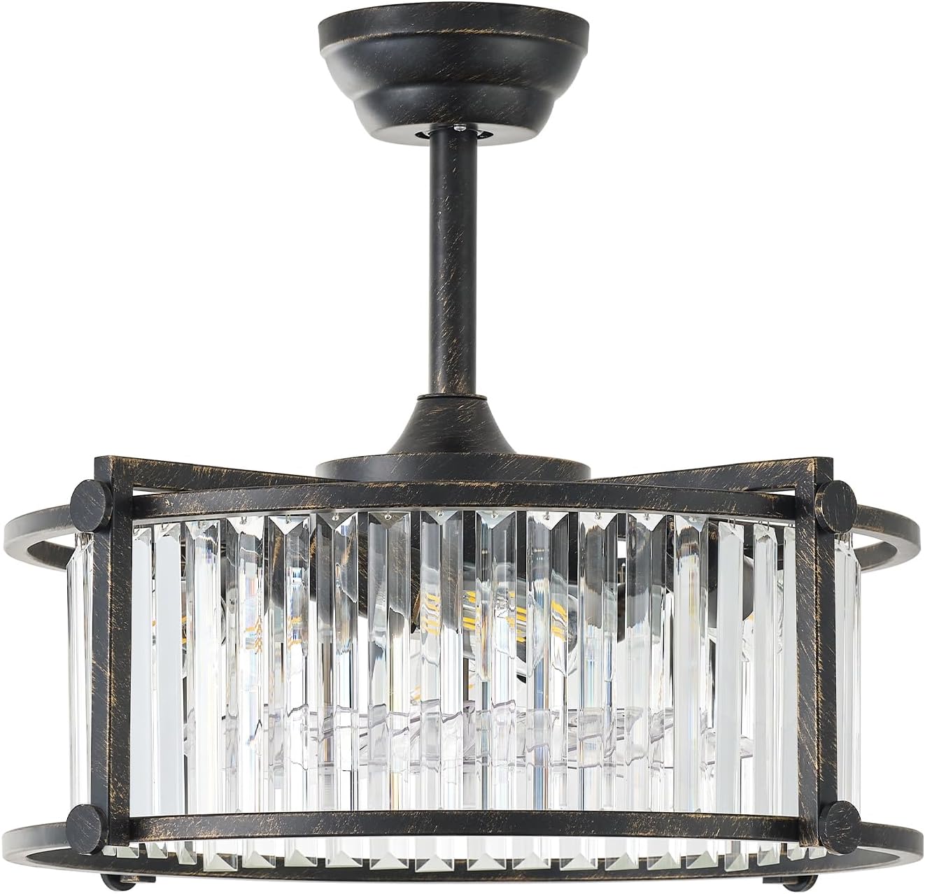 20' Farmhouse Rustic Crystal Fandelier Ceiling Fans with Lights, Black Crystal Industrial Chandelier Ceiling Fan with Light and Remote, Caged with 6 Speeds for Bedroom, Nursery, Living Room
