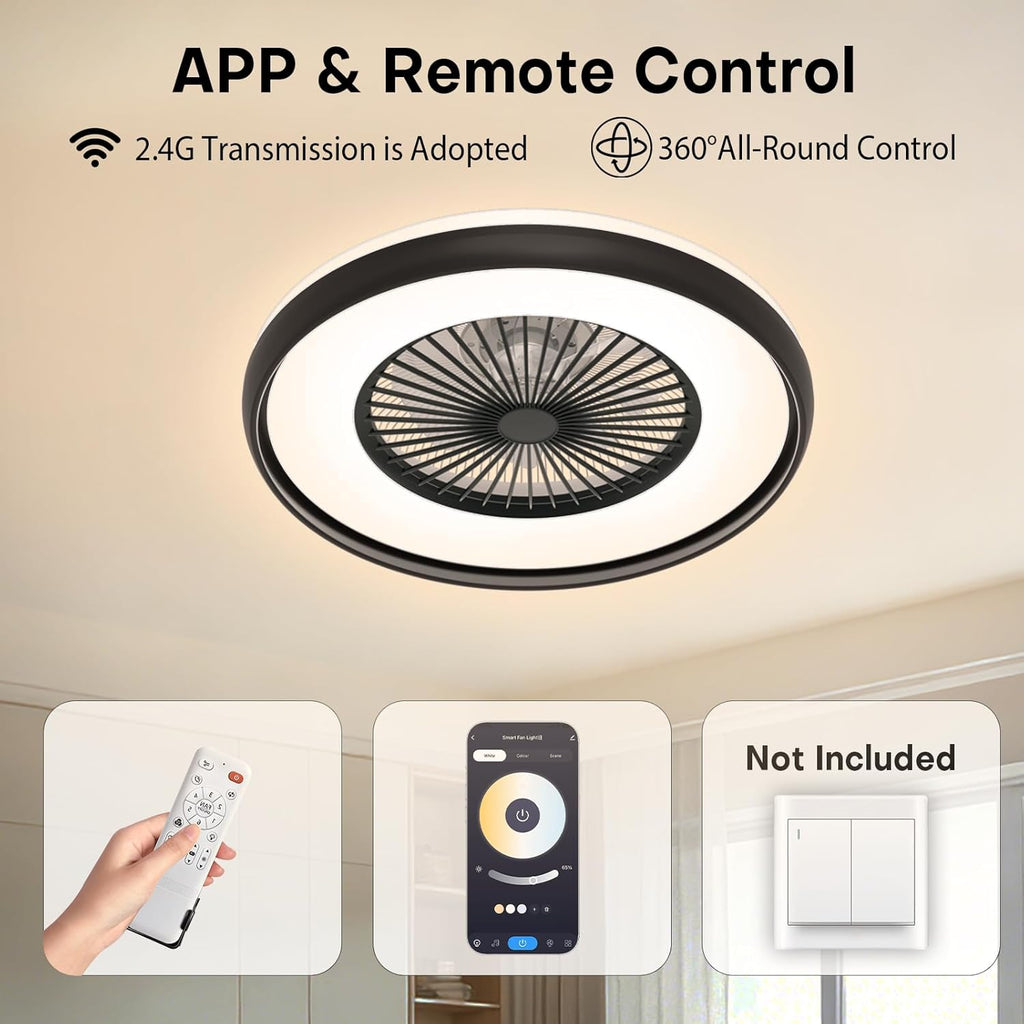 Bladeless Ceiling Fan with Light, 24'' Flush Mount Low Profile Ceiling Fans with Remote & APP Control, 2700-6500K CCT Adjustable, 6 Speeds Dimmable Fan Light for Kids Room, Bedroom, Small Dining Areas