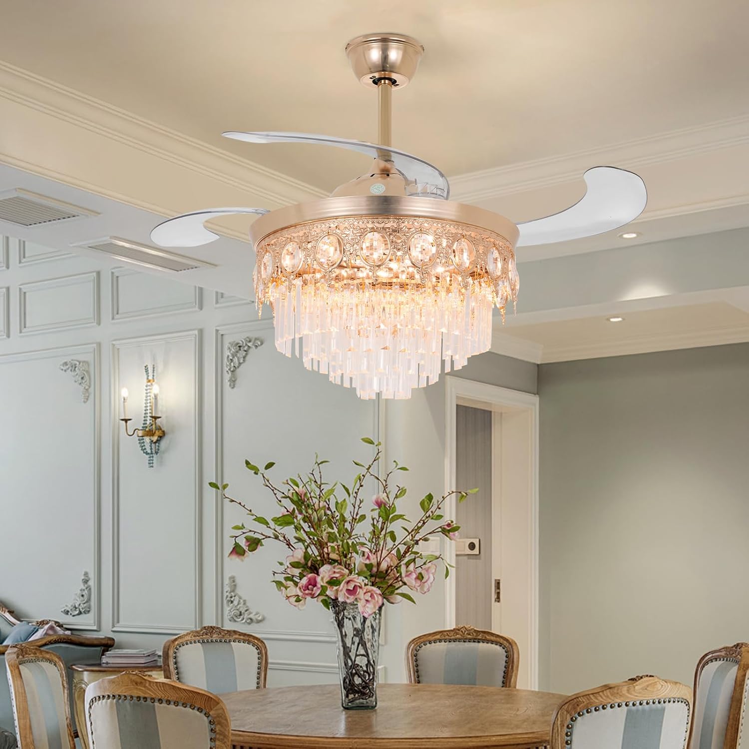 42' Gold Retractable Ceiling Fan with Lights, Luxury Gold Crystal Chandelier Fan 6 Speeds 3 Colors Modern Ceiling Fan for Living Room