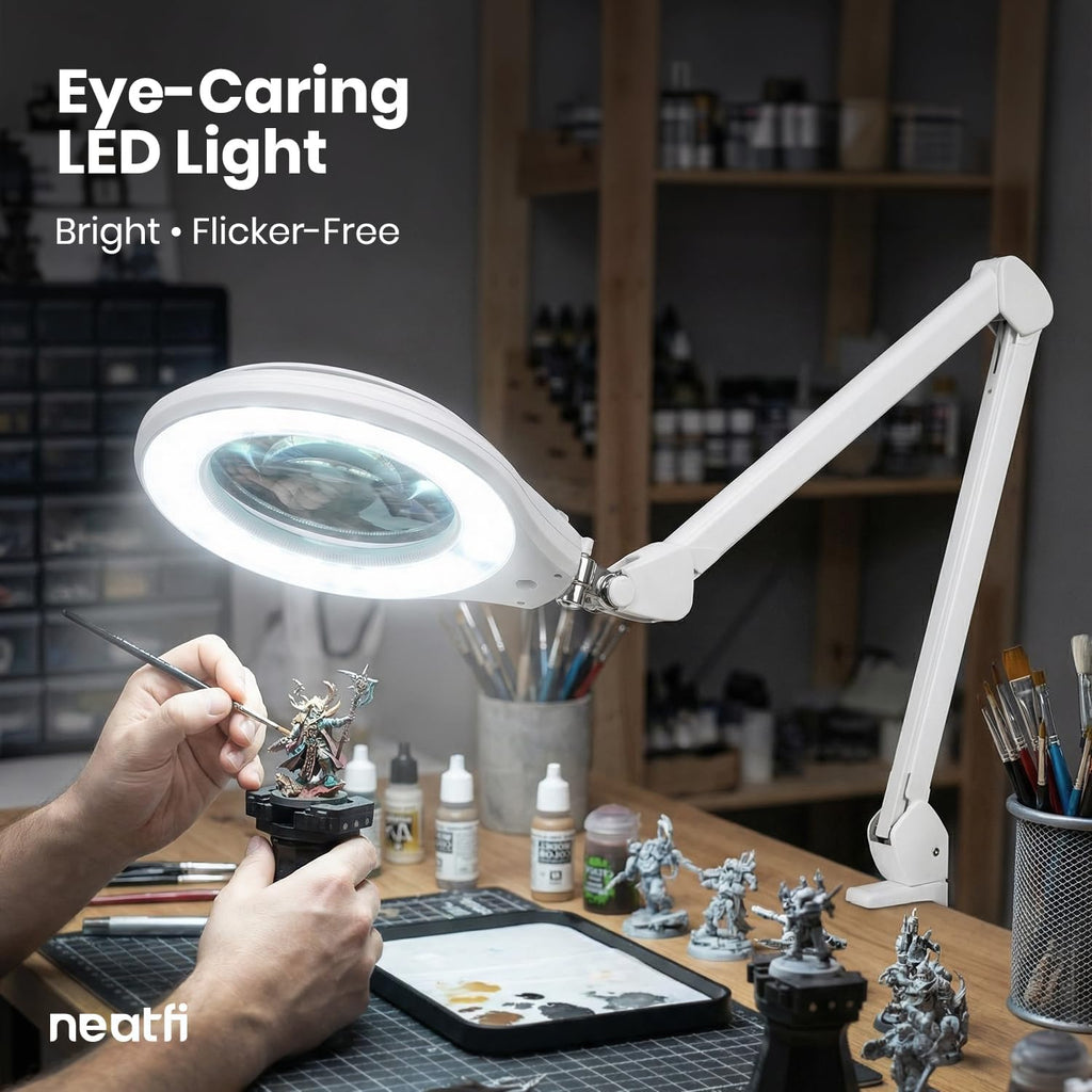 Neatfi Elite Super LED Magnifying Lamp with Clamp – 6' Glass Lens, 2.25X/4X Bifocal, 6500K Daylight | Glare-Free, Nonpolar Dimming | Reading, Crafting & Precision Work (6 Inch Lens, White)