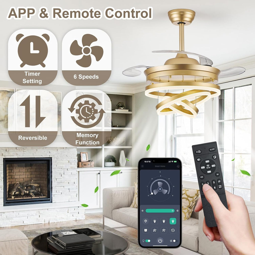 42 Inch Retractable Ceiling Fan with Lights, Gold Fandelier Ceiling Fans with Light and Remote, Reversible, 6 Speed Dimmable LED Chandelier Ceiling Fan for Bedroom Living Room Dining Room, 3000K-6000K