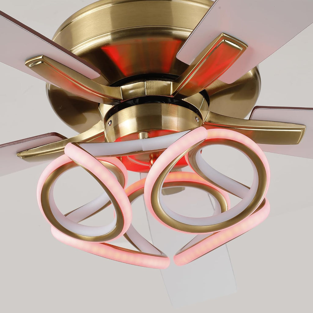 52' Gold Ceiling Fans with Lights and Remote/APP, RGB Color Changing LED Lighting Ceiling Fan, Indoor Outdoor Modern Luxury White and Gold Ceiling Fan for Living Room, Bedroom, 3CCT, 6 Speeds
