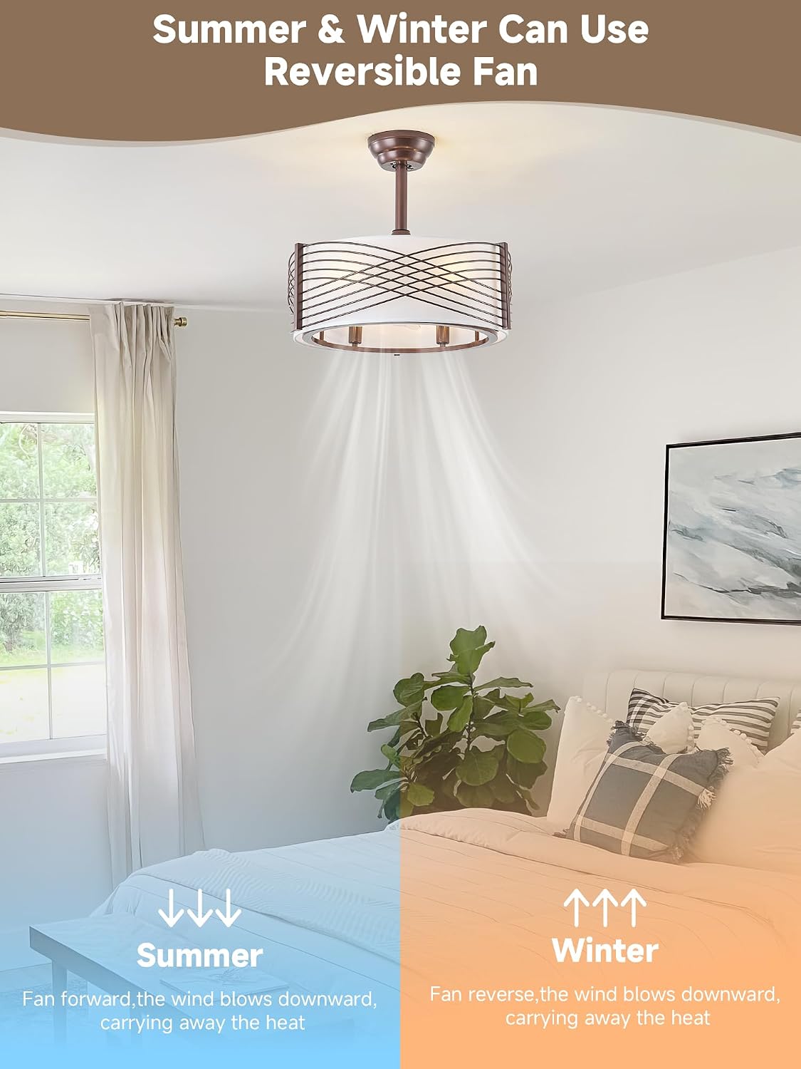 20' Fandelier Ceiling Fans with Lights, Brown Caged Ceiling Fan with Light Remote Control, Mid-Century Modern with 6 Speeds for Bedroom, Nursery, Living Room (Brown)