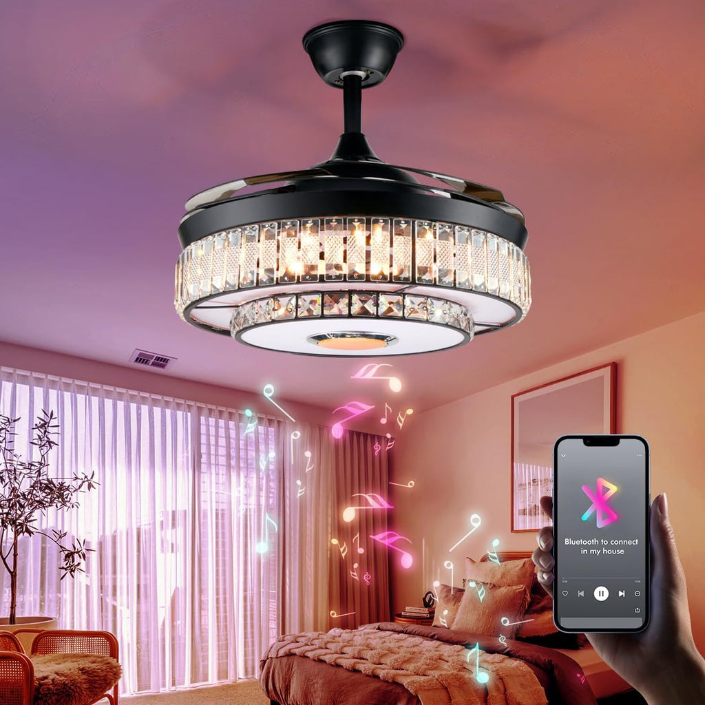 42''Black Crystal Ceiling Fan with Light, Modern 3 Speeds Changes 7 Colors Dimmable Fandelier Bluetooth Speaker Music Ceiling Fans Modern 2 Layers Crystal Light Fixture for Bedroom,Living Room