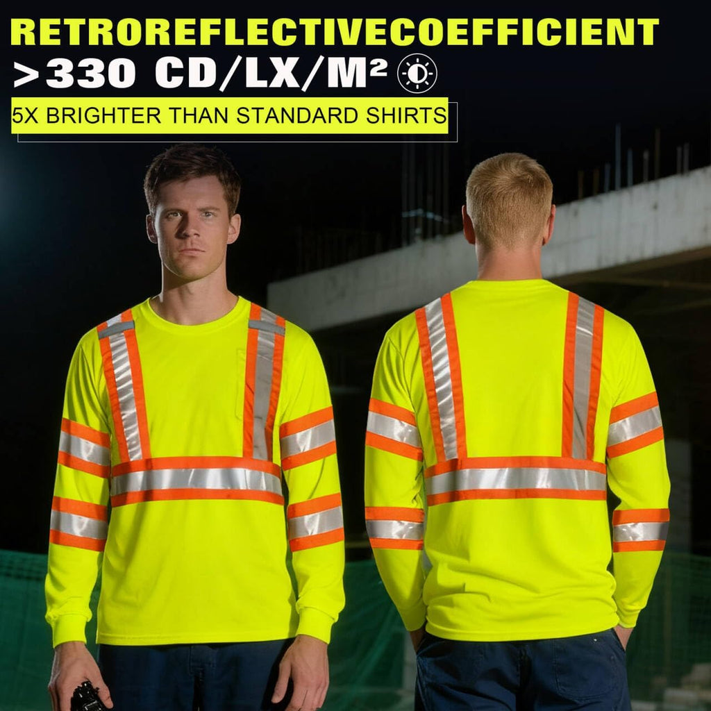 BeautyWill High Visibility Shirts Long Sleeve Class 2 Reflective Shirts ANSI with Pocket Safety Shirts for Men and Women