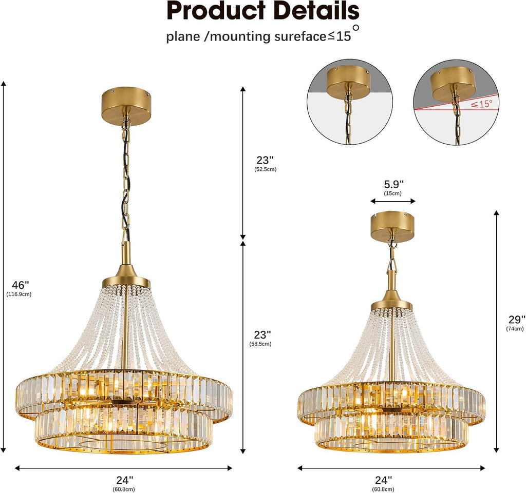 24' Modern Crystal Chandelier Ceiling Fan with Lights, Remote & App Control, 6-Speed Reversible Large Fandelier, Double Layer Design for Bedroom, Living Room (Luxury Gold)