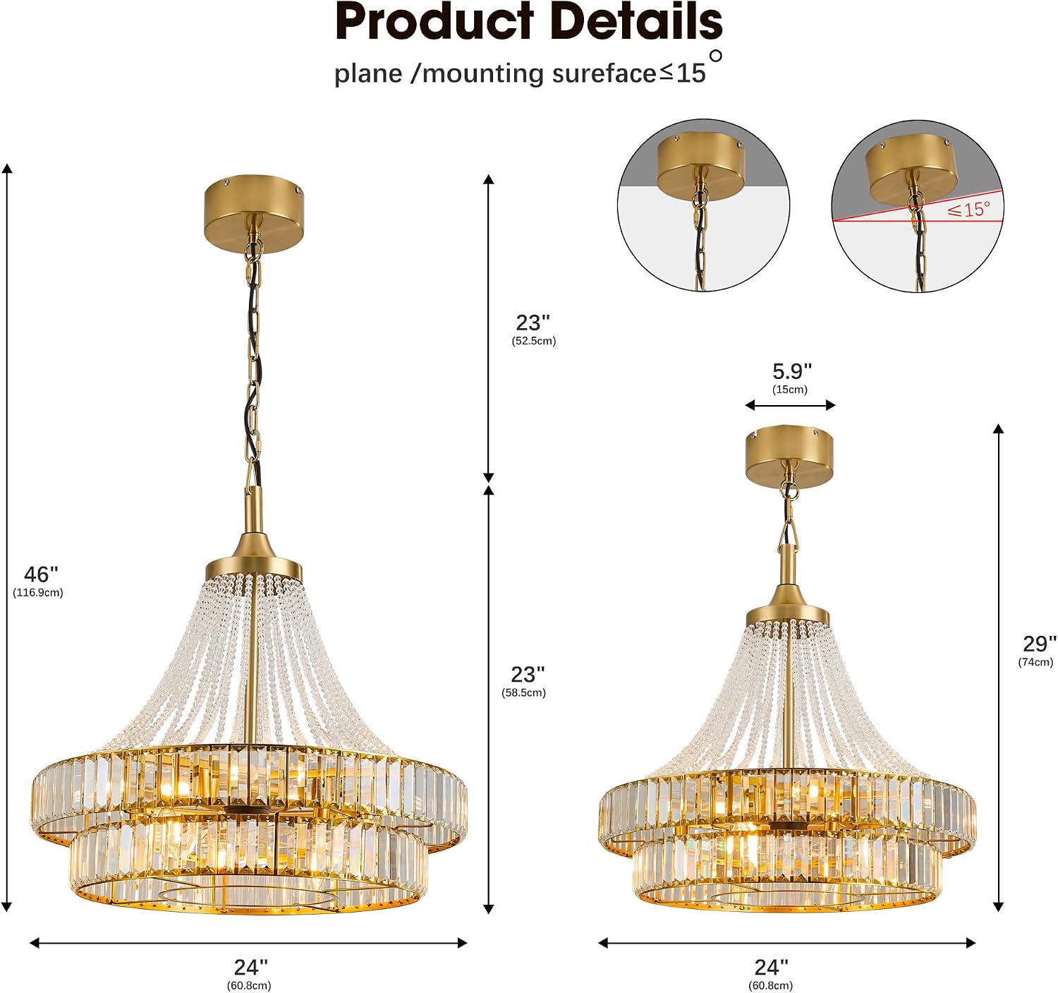 24' Modern Crystal Chandelier Ceiling Fan with Lights, Remote & App Control, 6-Speed Reversible Large Fandelier, Double Layer Design for Bedroom, Living Room (Luxury Gold)