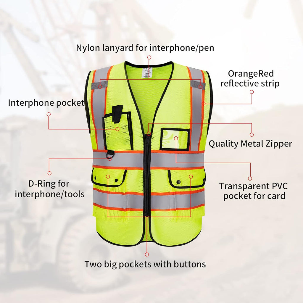 Custom Logo Safety Vest High Visibility Reflective Vest Class 2 Standard with Pockets and Zipper