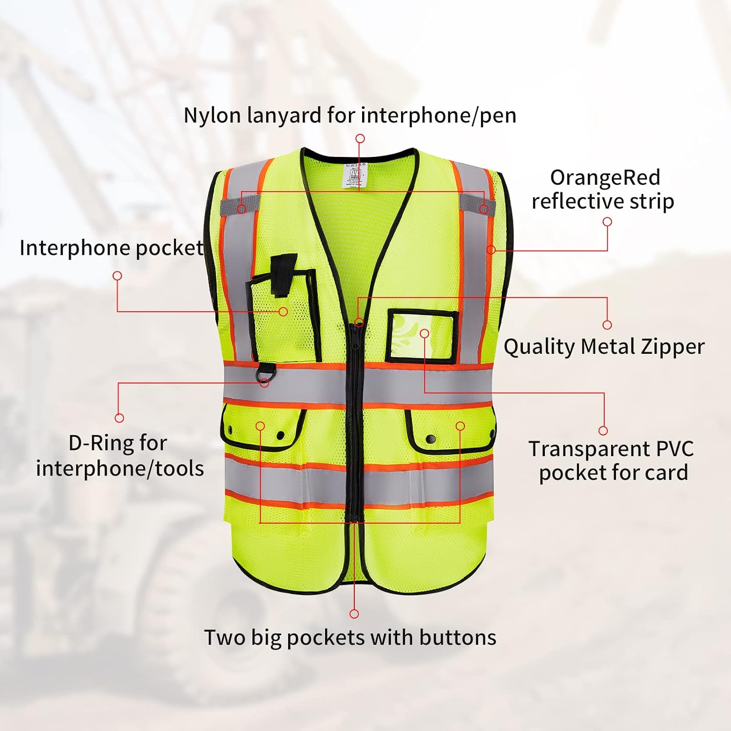 Custom Logo Safety Vest High Visibility Reflective Vest Class 2 Standard with Pockets and Zipper