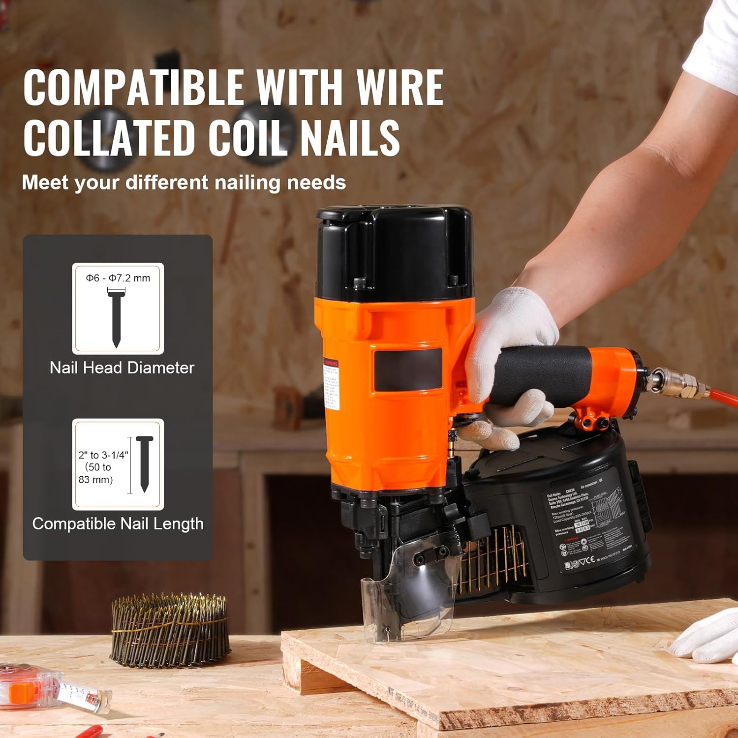 Happybuy Coil Siding/Framing Nailer CN83N, 2' to 3-1/4' 15 Degree Pneumatic Siding Nail Gun with Tool-Less Depth Adjustment, 70-120PSI Air Coil Nailer for Siding Sheathing Wooding Fencing Decking
