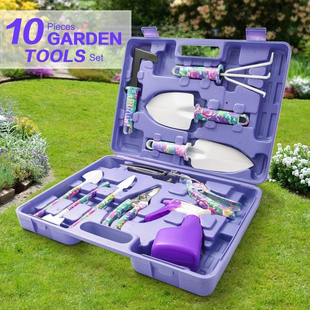 Garden Tools Set, 10 Pieces Gardening Tools with Purple Floral Print & Plastic Box, Ergonomic Handle Garden Hand Tools,Planting Tool -Gift for Women and Men