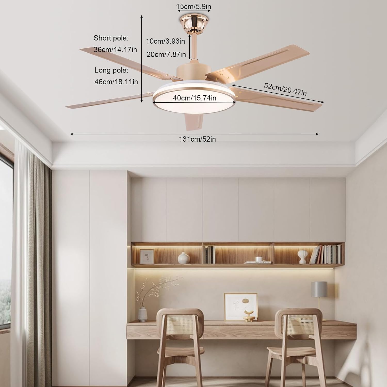 Outdoors Dimmable Fandelier Ceiling Fan with Light Remote, Timing Reversal, Adjustable Wind Speed, Low Noise 35db Pendant Lamp For Living Room, Dining Room, Kitchen, Bedroom,Pavilion terrace（52 inch）