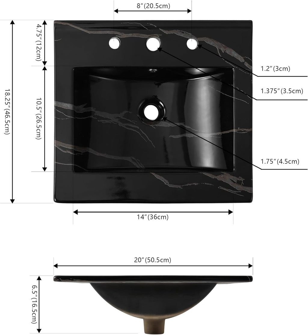 JONATHAN Y Ancillary 20 in. W x 18.25 in. D Ceramic Vanity Sink Top with 3-Hole Rectangular Single Sink Basin, Black Marble Effect SNK1000D